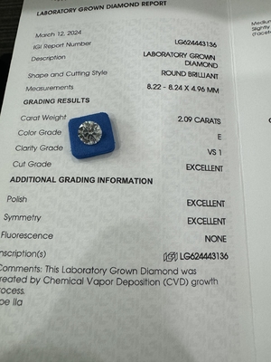 購入 2.09CT E VS1 3EX 丸切りのCVD 成長したダイヤモンド IGI証明書 LG624443136 online manufacture