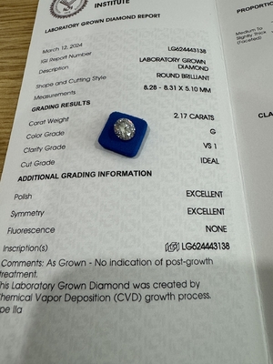 購入 2.17CT G VS1 3EX CVD ラボで作られたダイヤモンド 丸切りのIGI証明書 LG624443138 online manufacture