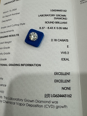 購入 2.18CT E VVS1 ID EX CVD 合成ダイヤモンド 丸 ブリリアントカット online manufacture