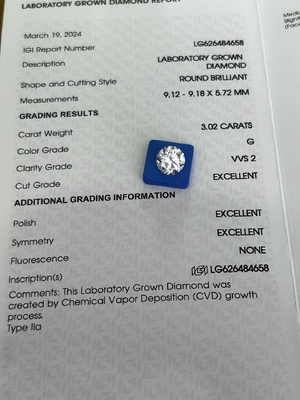 購入 3.02ct CVD ラボ 成長したダイヤモンド 丸切 G VVS2 3EX N IGI 認定 online manufacture