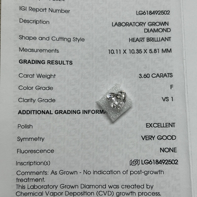 購入 3.6ct ラボ製 ダイヤモンド ハート ブリアントカット CVD F VS1 2EX N IGI LG618492502 online manufacture