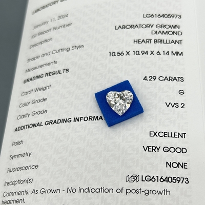 購入 4.29ct 研究室で栽培されたダイヤモンド 心臓切断 CVD G色 VVS2 2EX N IGI online manufacture