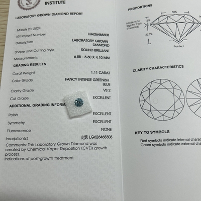 購入 キャラット 1.11ct 透明性 VS2 実験室製 ブルーダイヤモンド 丸い形 online manufacture