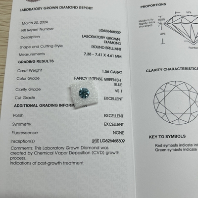購入 1.56ct ファンシー 濃い緑色 青い 実験室 成長した ダイヤモンド 丸切断 CVD FVS1 3EX N IGI online manufacture