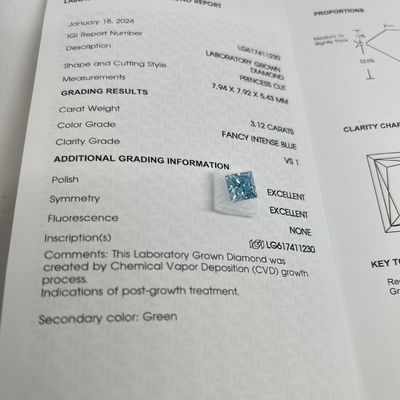 3.12CT ファンシー インテンスブルー ラボ製 ダイヤモンド VS1 2EX CVD プリンセスカット