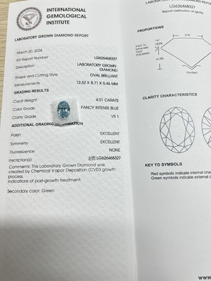 青色4.01ct VS1 CVDラボ作成ダイヤモンド 宝石製造のための人工ダイヤモンド