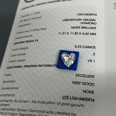 5.23ct 成熟した輝き ダイヤモンド 心臓切断 CVD E 色 VS1 透明度 2EX N IGI