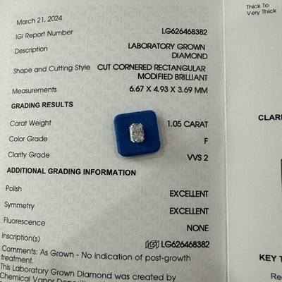 HYF 2.06ct ラボで育った放射性切断ダイヤモンド VVS2 透明性 F色